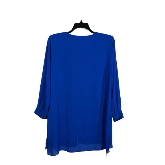 Chico's 2 Long Split Front Tunic Top Large Sheer Long Sleeve Royal Blue Layered - Picture 6 of 10